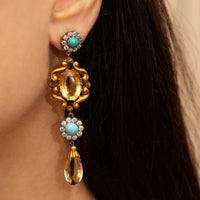 Vintage Turquoise, Diamond, and Citrine Drop Earrings