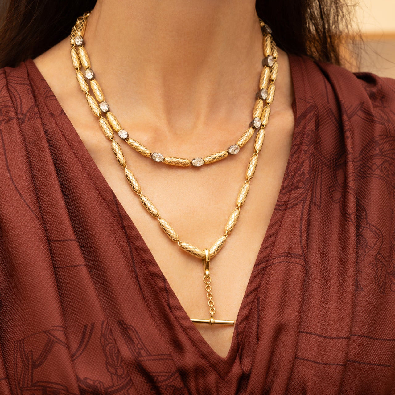 Gold Snake Bead and Diamond Chain