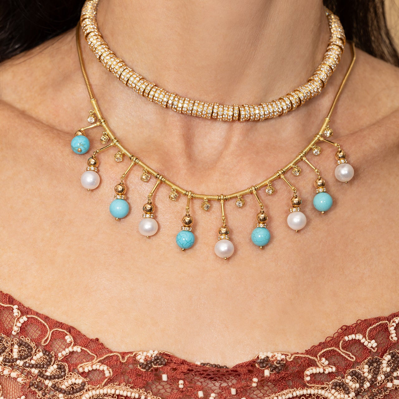 Mixed Turquoise, Pearl, and Gold Fringe Necklace