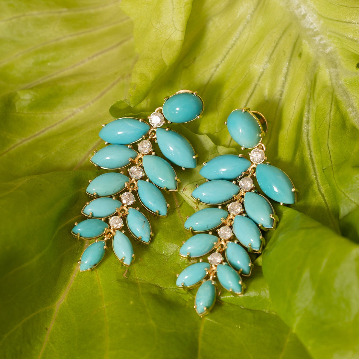Turquoise and Diamond Leaf Earrings