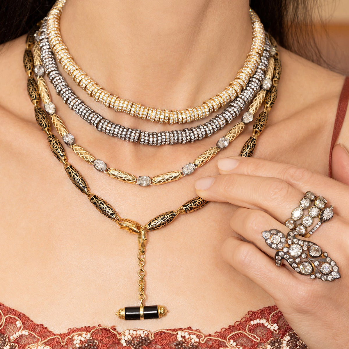 Gold Snake Bead and Diamond Chain