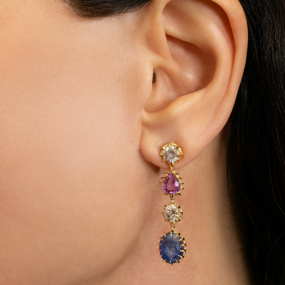 Diamond, Pink Sapphire, and Blue Sapphire Earrings