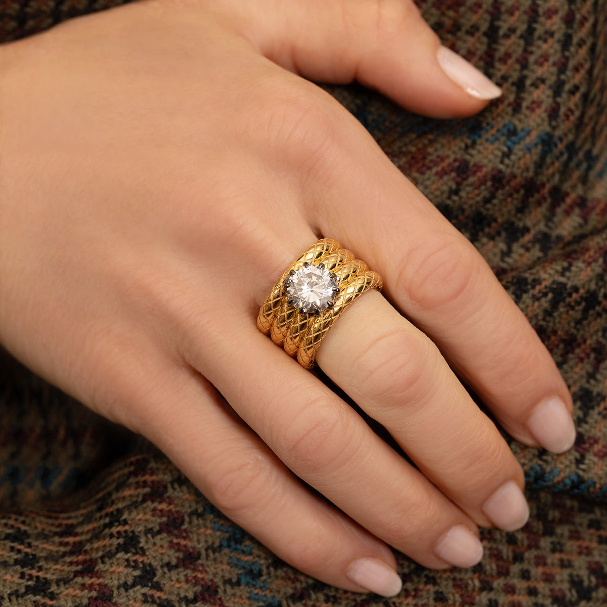 4 Layer Snake Texture Ring with Diamond