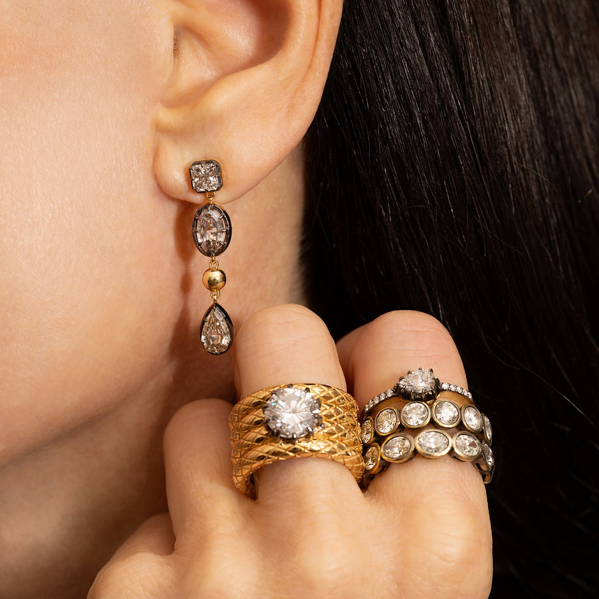 Blackened Diamond Gold Ball Fringe Earrings