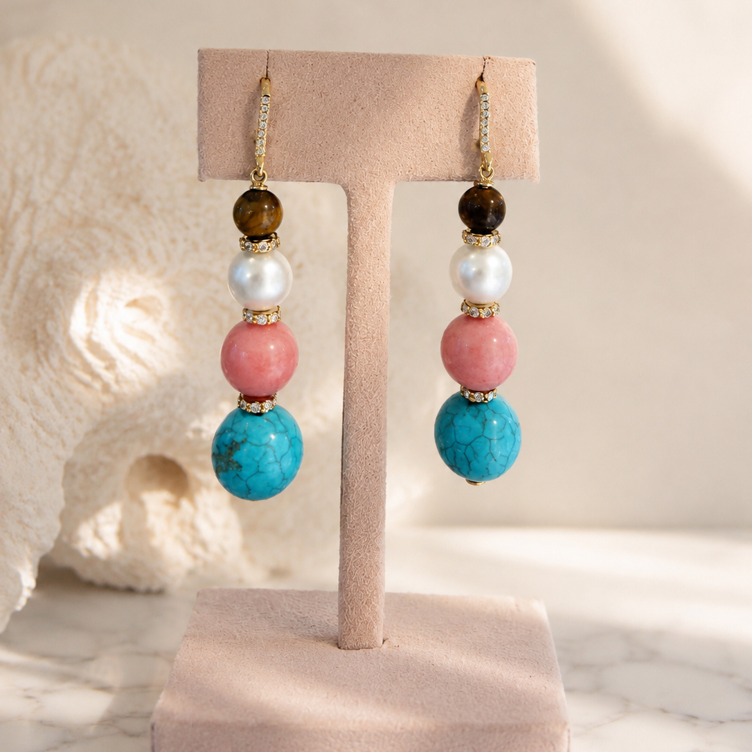 Tigers Eye, Pearl, Coral and Turquoise Drop Earrings