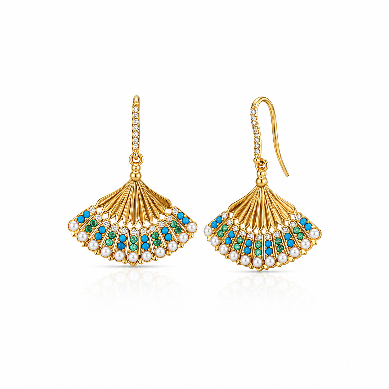 Turquoise, Emerald and Pearl Fan Earrings