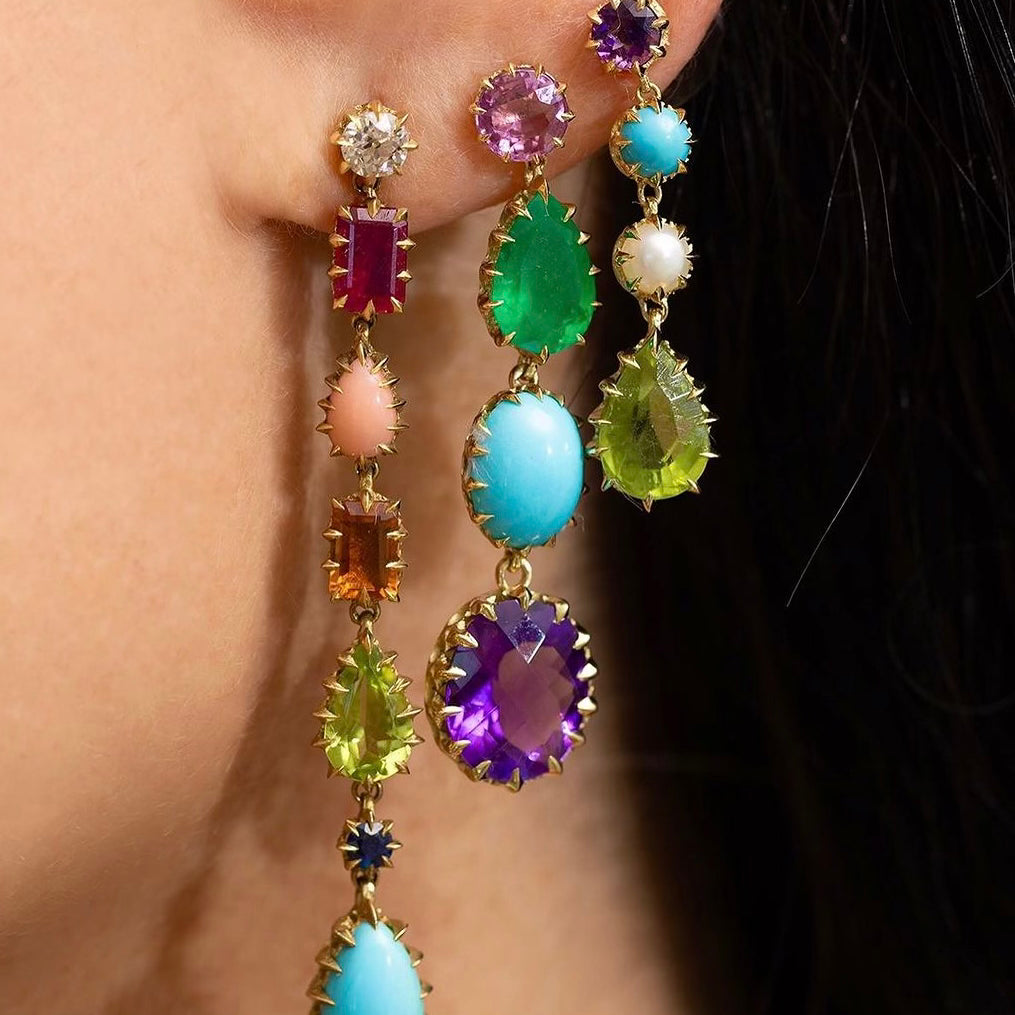 Victorian Pink Sapphire, Emerald, Turquoise and Amethyst Drop Earrings