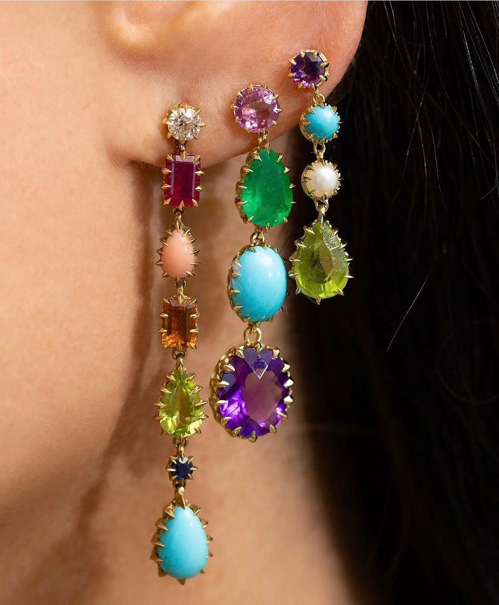 Victorian Pink Sapphire, Emerald, Turquoise and Amethyst Drop Earrings