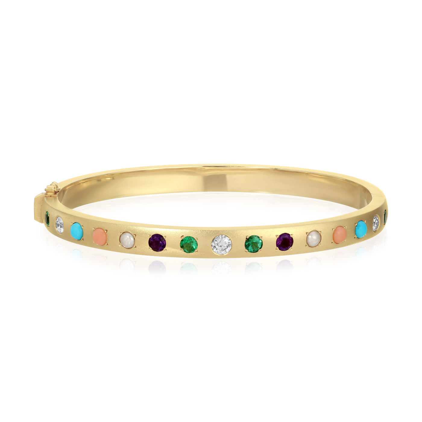 Emerald,  Diamond, Turquoise, Coral, Pearl and Blue Sapphire Gypsy Bangle