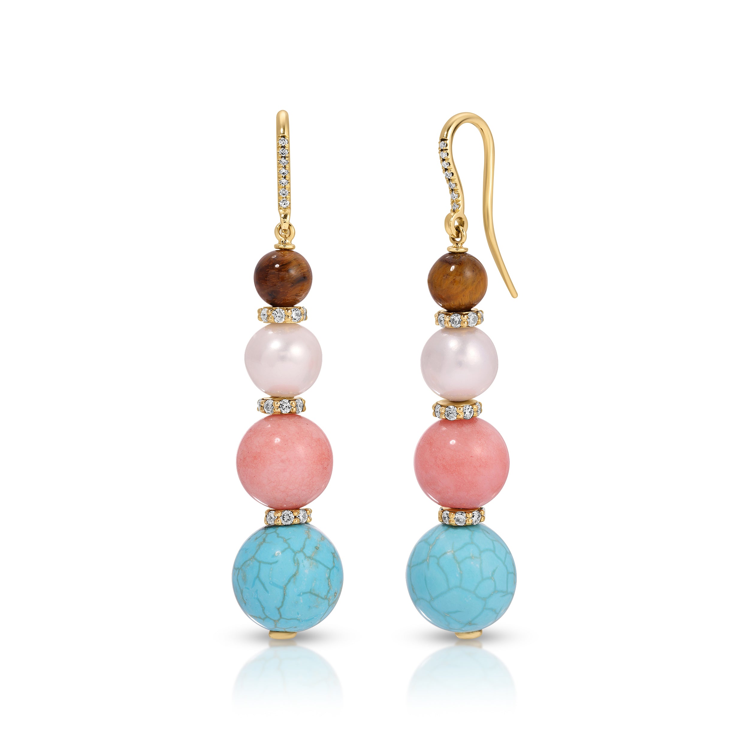 Tigers Eye, Pearl, Coral and Turquoise Drop Earrings