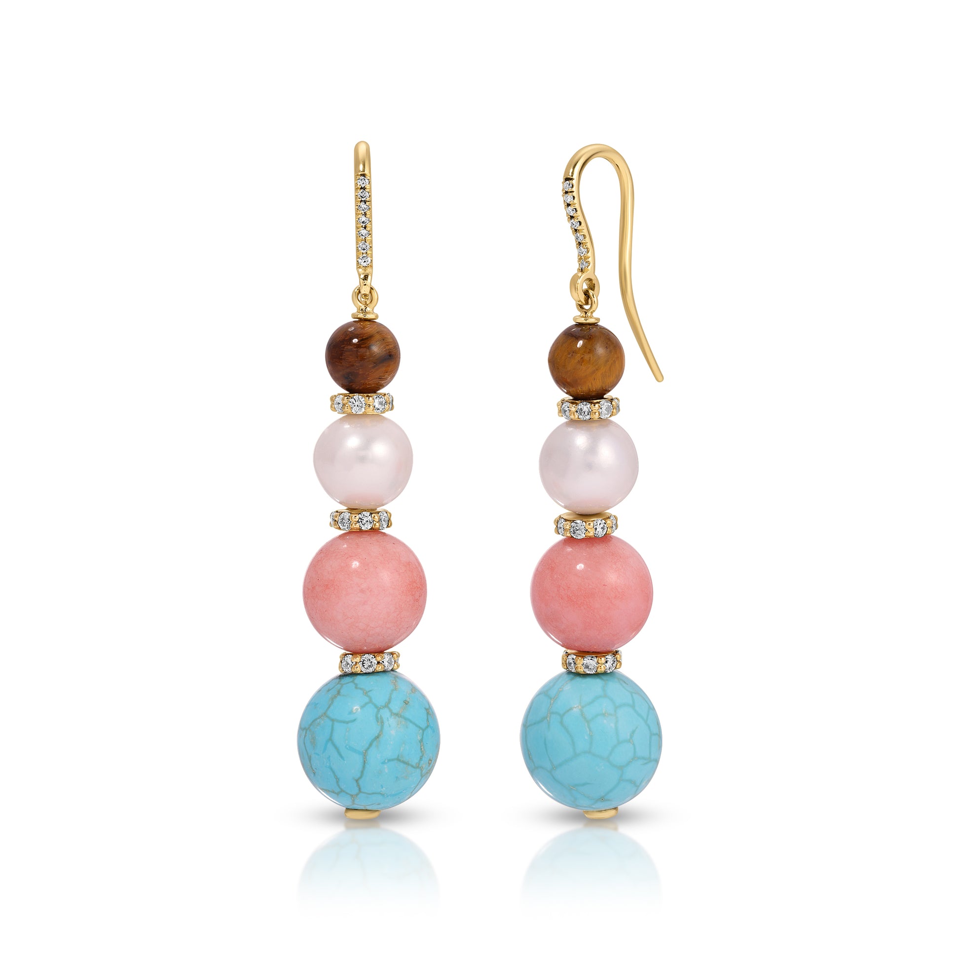 Tigers Eye, Pearl, Coral and Turquoise Drop Earrings