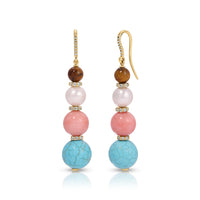 Tigers Eye, Pearl, Coral and Turquoise Drop Earrings