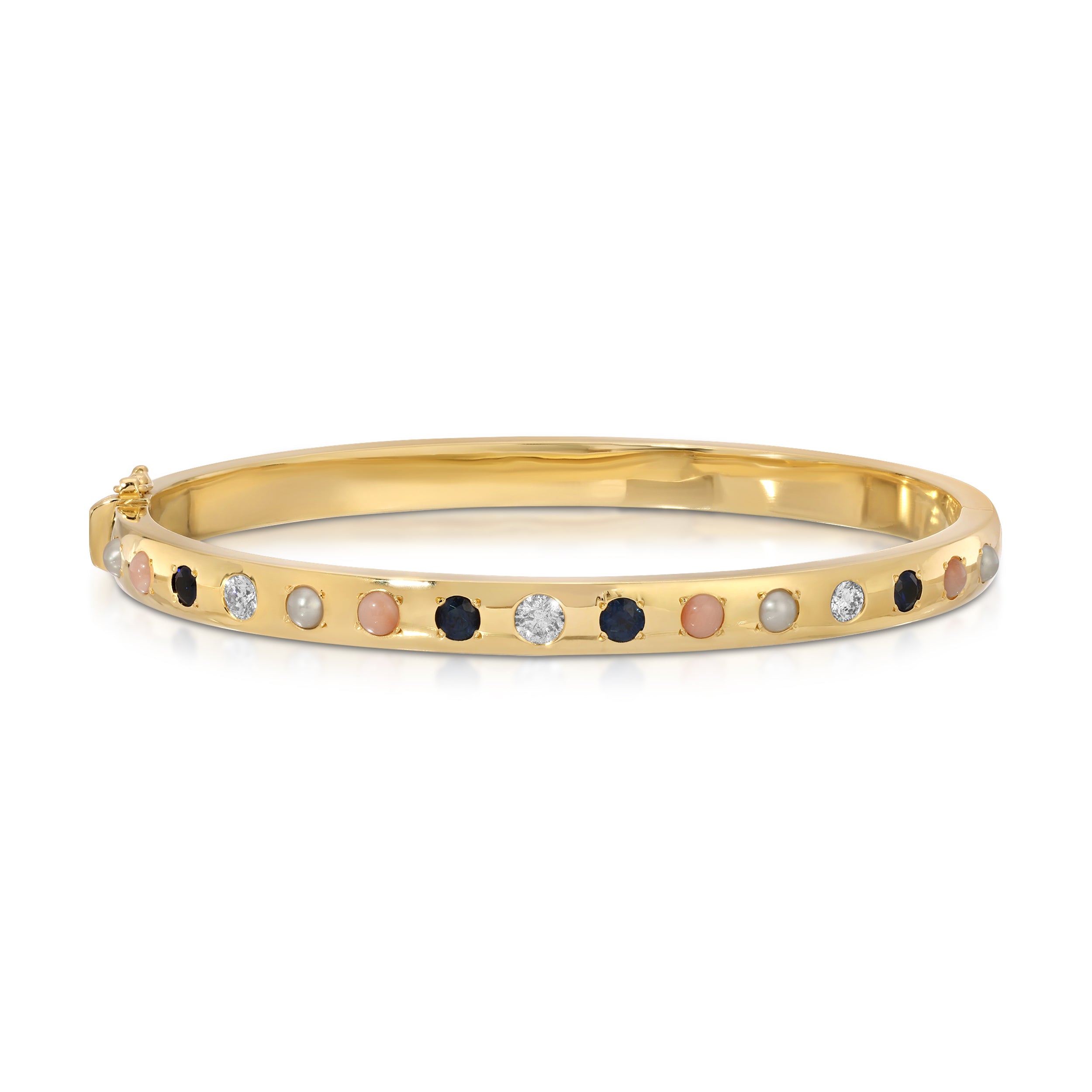 Pearl, Coral, Blue Sapphire and Diamond Gypsy Bangle