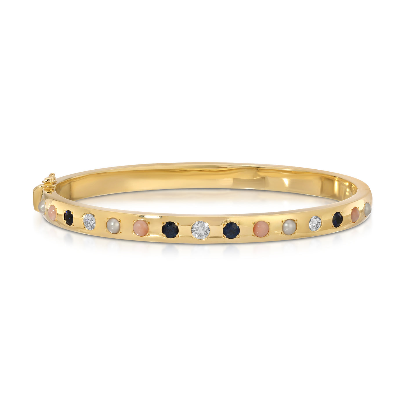 Pearl, Coral, Blue Sapphire and Diamond Gypsy Bangle