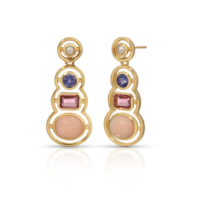 Pearl, Blue Amethyst, Pink Tourmaline, & Coral Morse Code Earrings