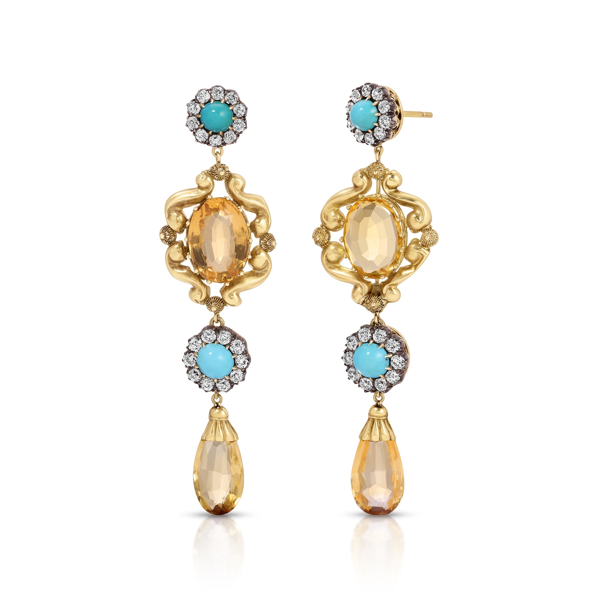 Vintage Turquoise, Diamond, and Citrine Drop Earrings