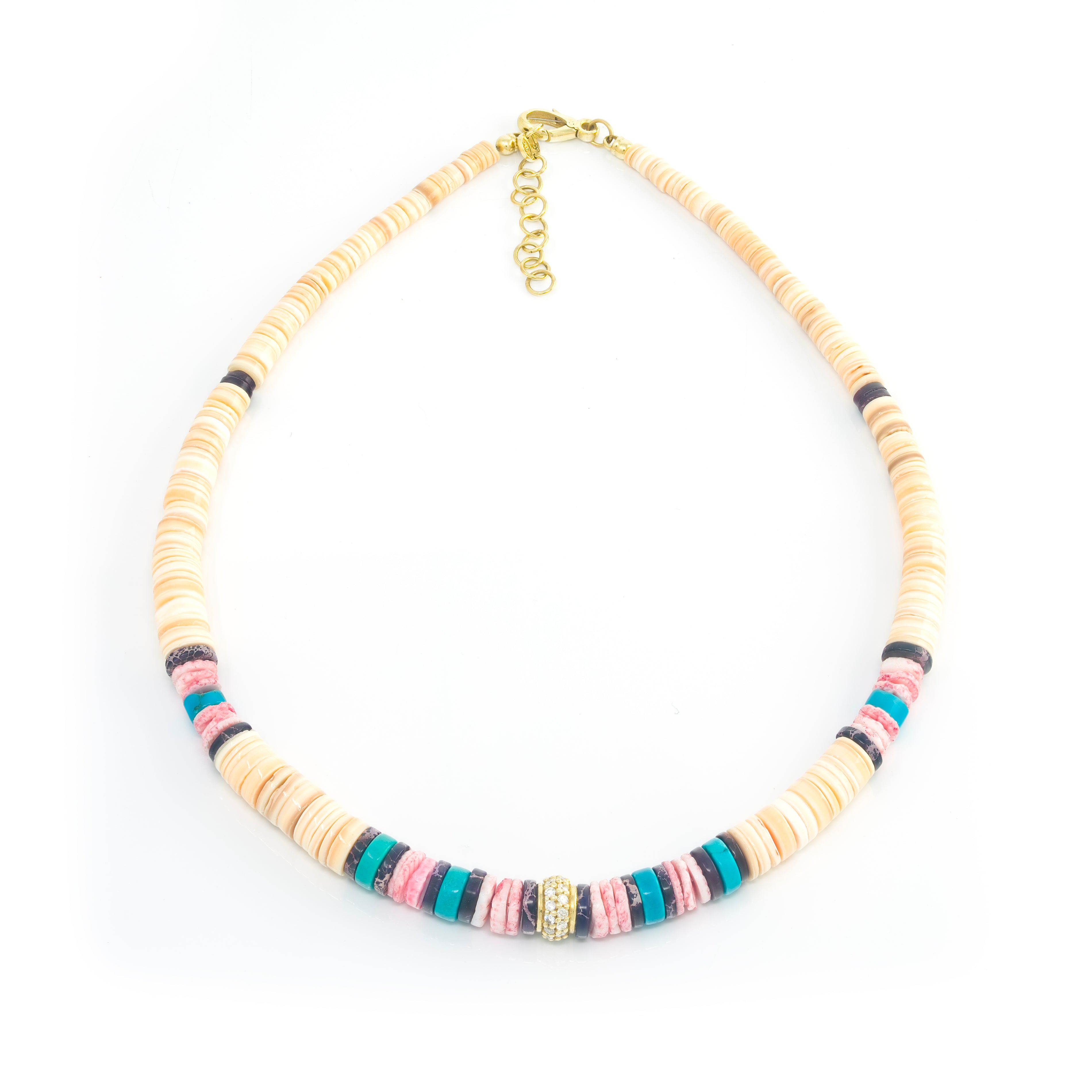 Cream, Turquoise, and Purple Heishi Beaded Necklace
