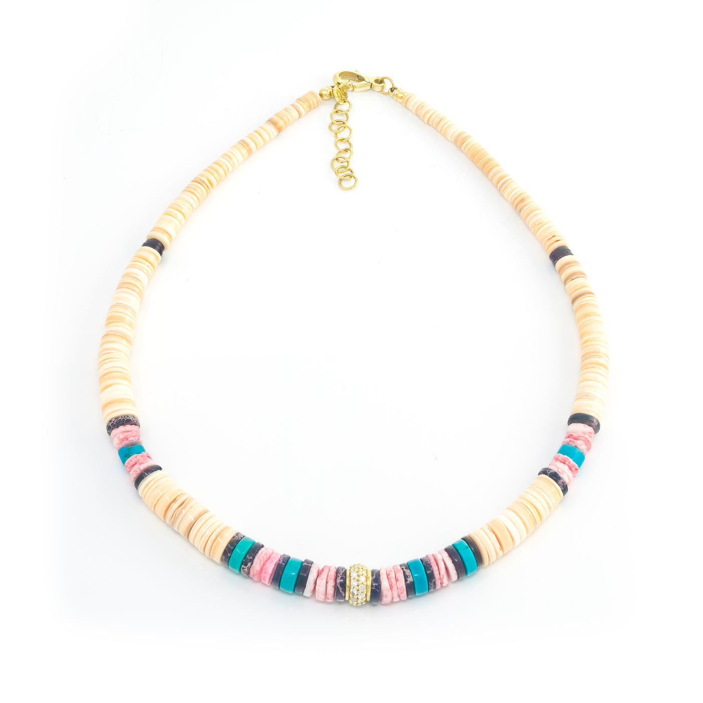 Cream, Turquoise, and Purple Heishi Beaded Necklace