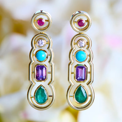 Ruby, Diamond, Turquoise, Amethyst and Emerald Morse Code Shadow Earrings