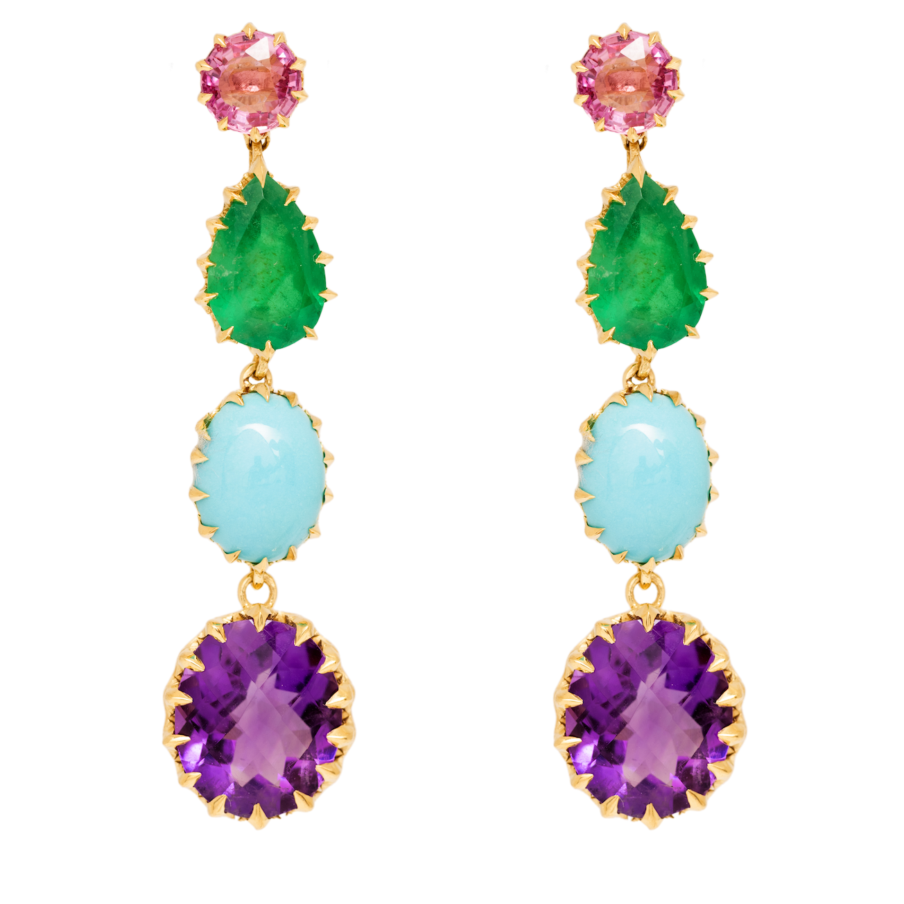 Victorian Pink Sapphire, Emerald, Turquoise and Amethyst Drop Earrings