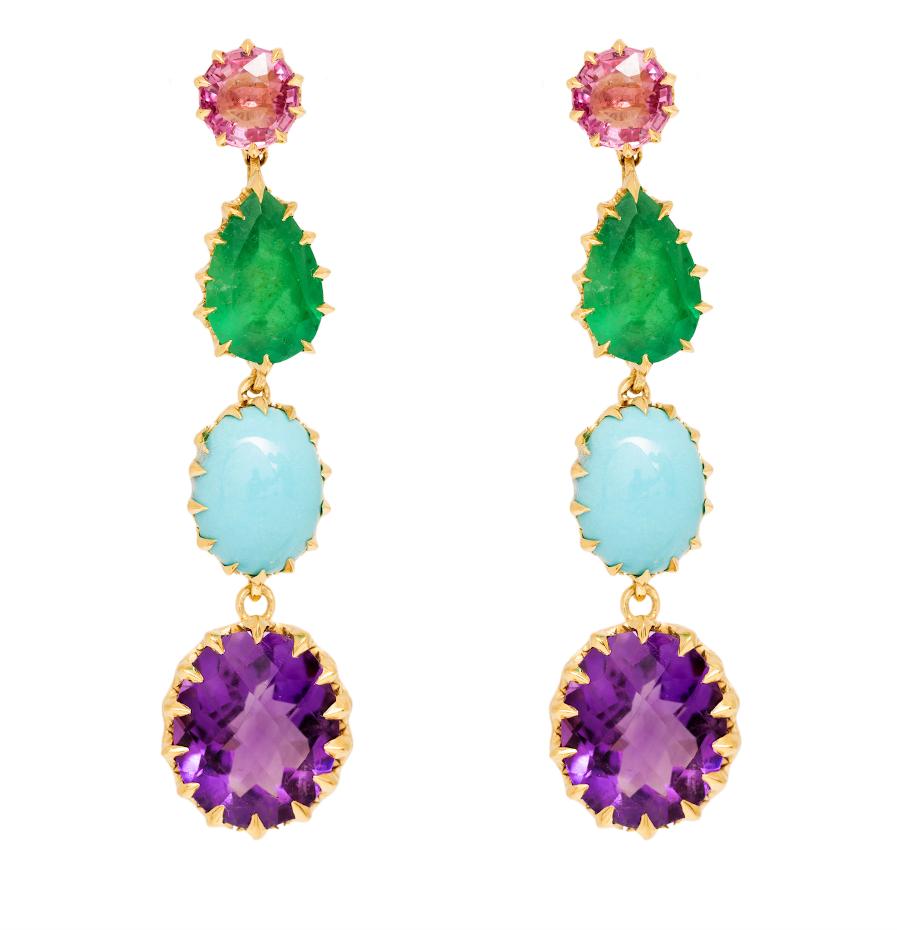 Victorian Pink Sapphire, Emerald, Turquoise and Amethyst Drop Earrings