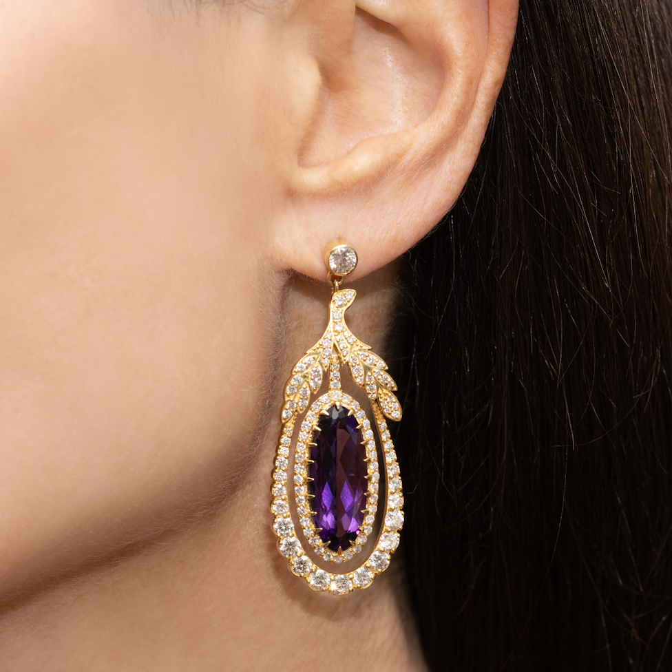 Fig Leaf and Amethyst Drop Earrings