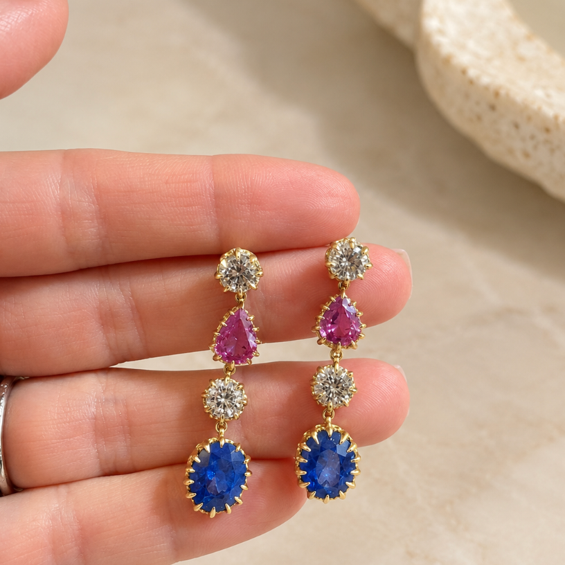 Diamond, Pink Sapphire, and Blue Sapphire Earrings