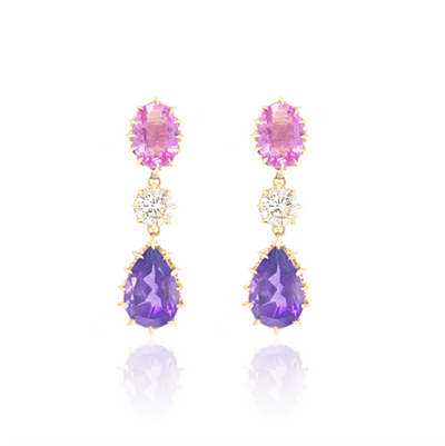 Pink Sapphire, Diamond, and Amethyst Victorian Drop Earrings