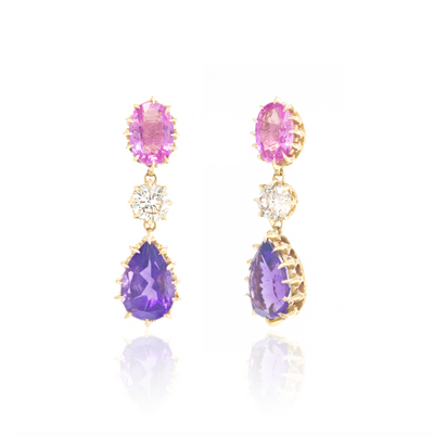 Pink Sapphire, Diamond, and Amethyst Victorian Drop Earrings