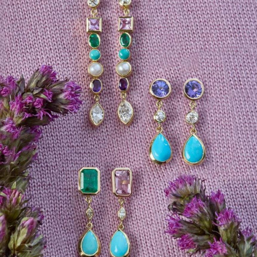 3 Drop Bezel Earrings