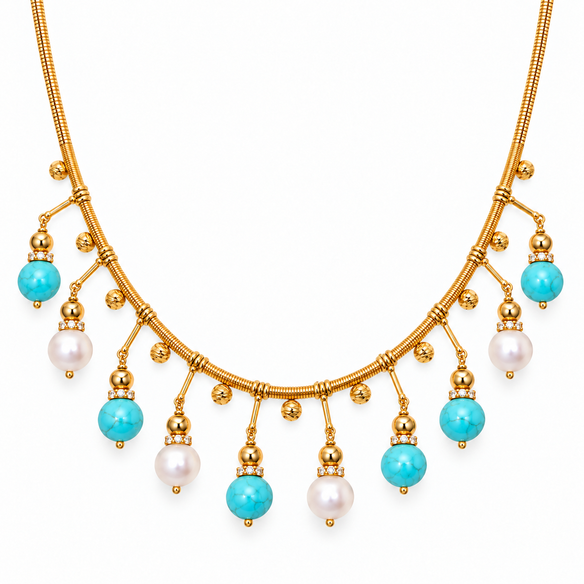 Mixed Turquoise, Pearl, and Gold Fringe Necklace