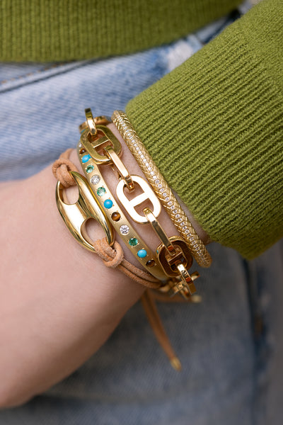Small Gold Nautical Link on Leather bracelet