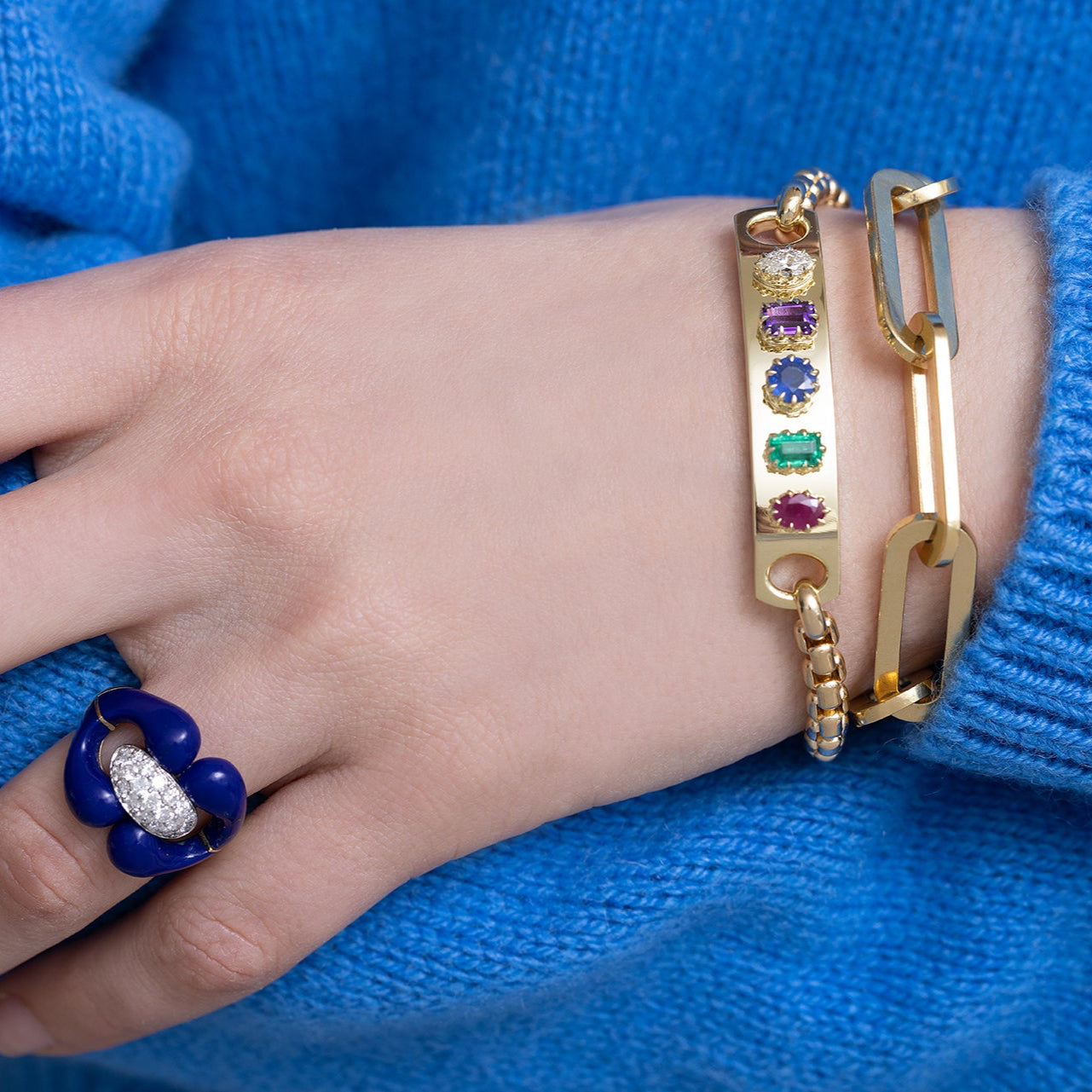 Diamond, Amethyst, Emerald, Sapphire, Ruby Morse Code Bracelet