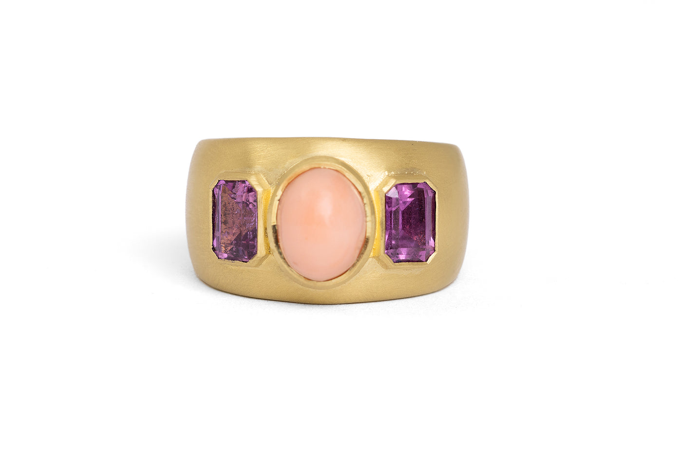 Three Stone Pink Sapphire and Coral Ring