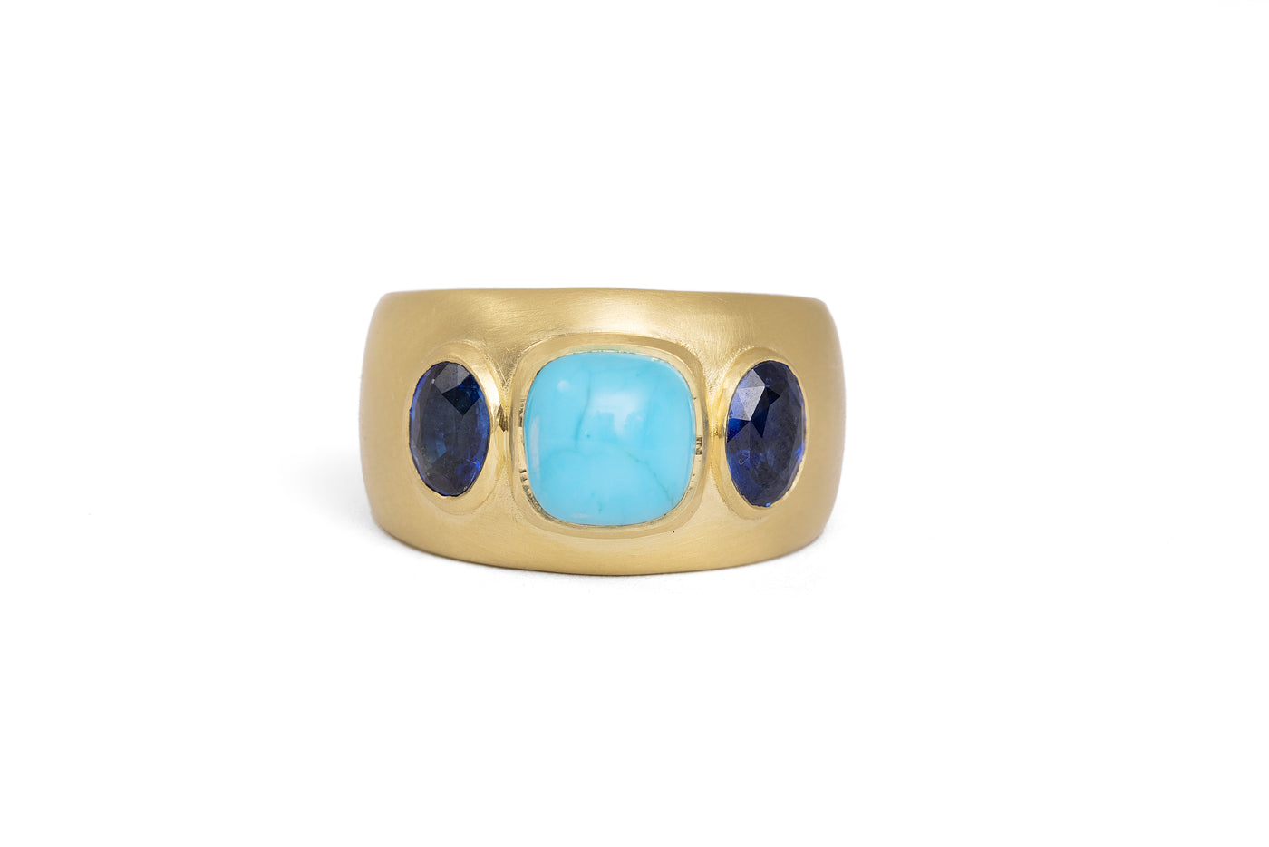 Three Stone Blue Sapphire and Turquoise Ring