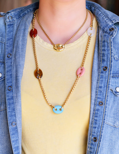 Gold Single Stone Mariner Box Link Necklace