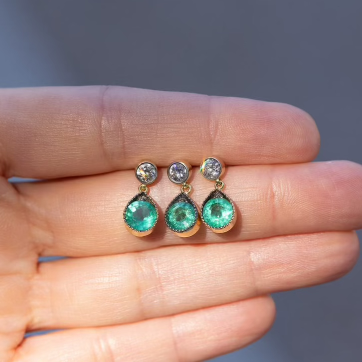 Diamond and Emerald Delicate Drop Earrings