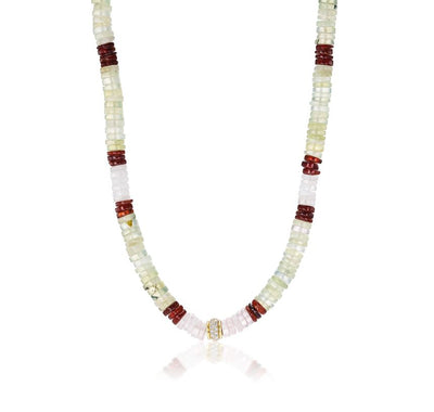 Rose Quartz, Green Quartz, and Tiger's Eye Beaded Necklace on Leather