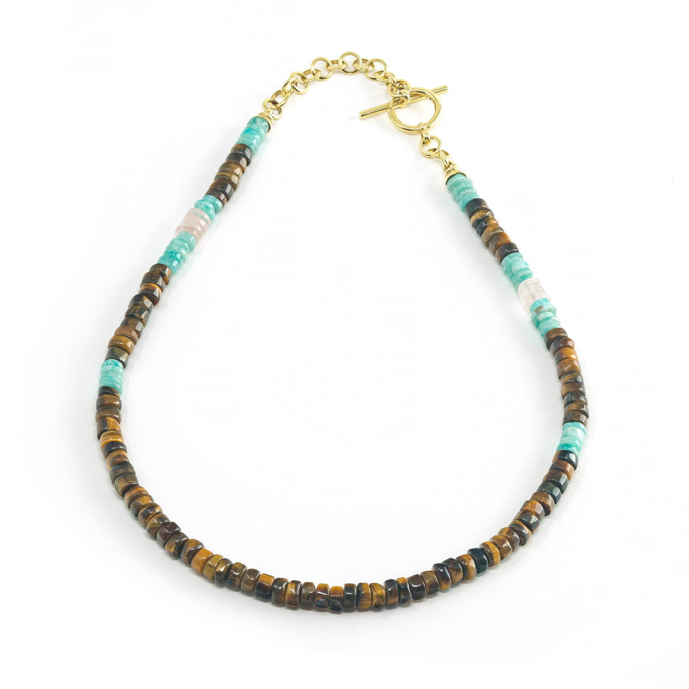Tiger's Eye, Turquoise and Rose Quartz Heishi Beads with Toggle