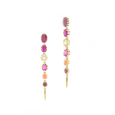 Pink Sapphire, Coral, Diamond & Fringe Earrings