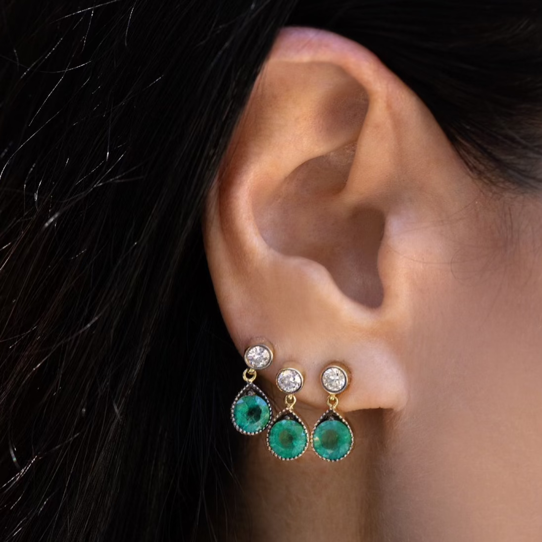 Diamond and Emerald Delicate Drop Earrings