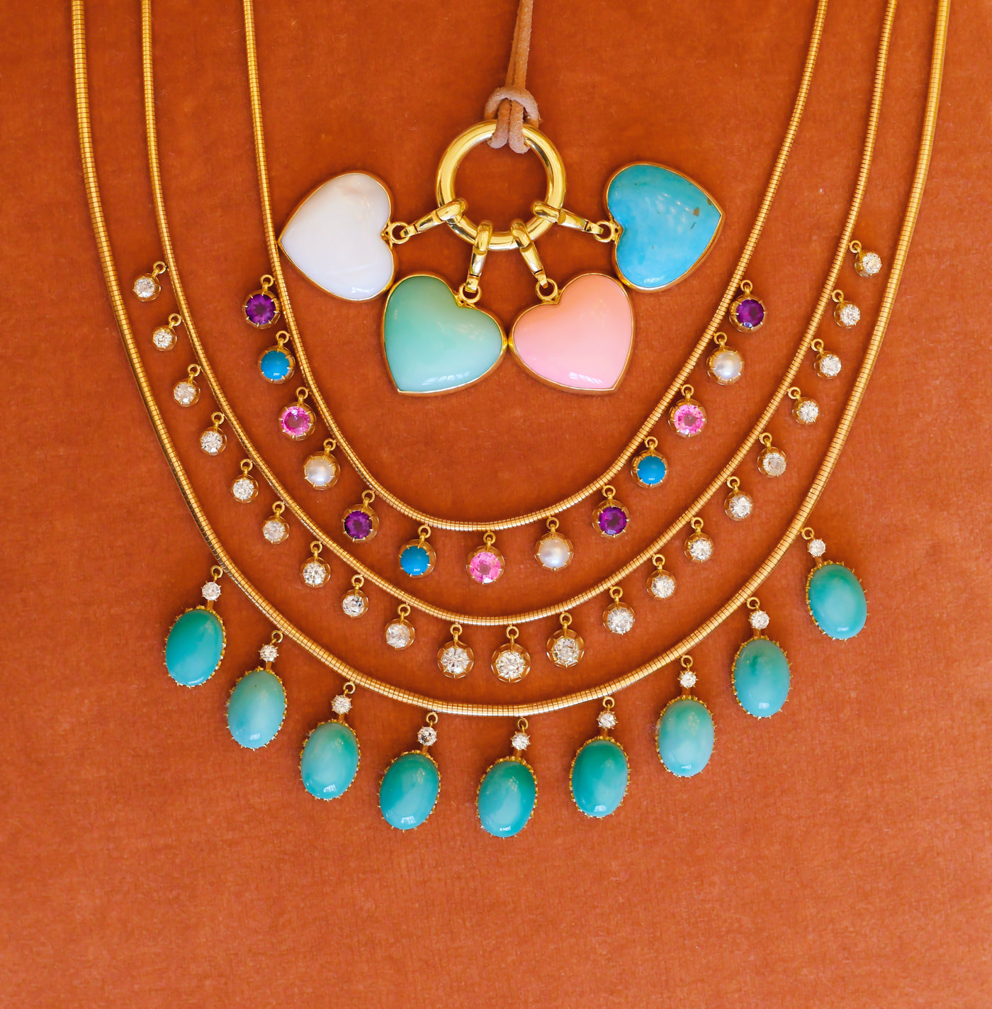 Pearl, Amethyst, Turquoise, and Pink Sapphire Fringe Necklace