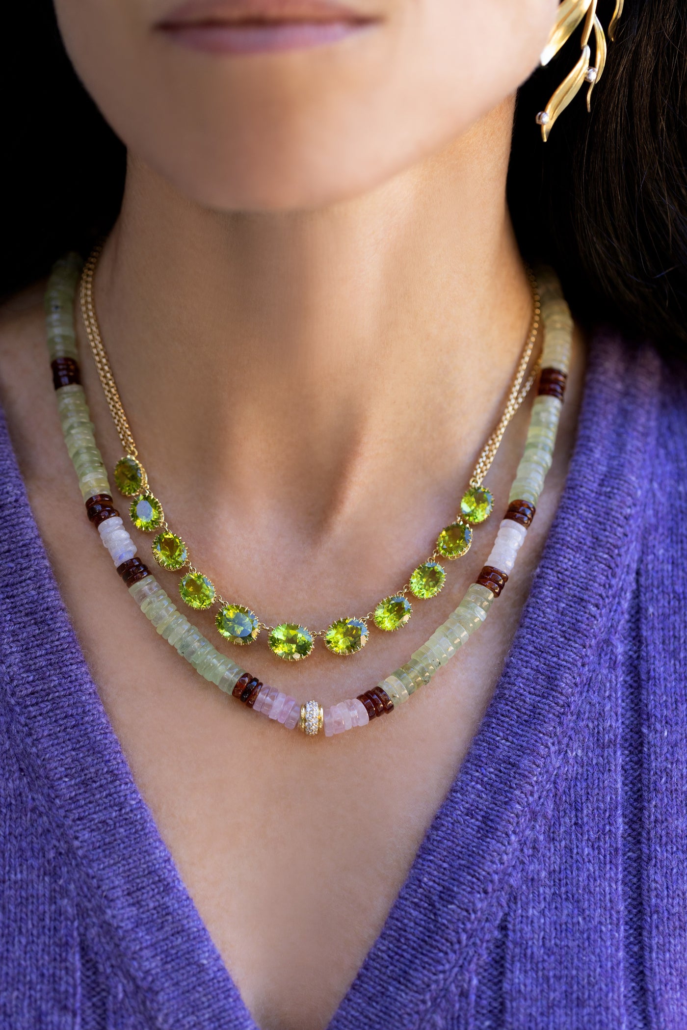 Rose Quartz, Green Quartz, and Tiger's Eye Beaded Necklace on Leather