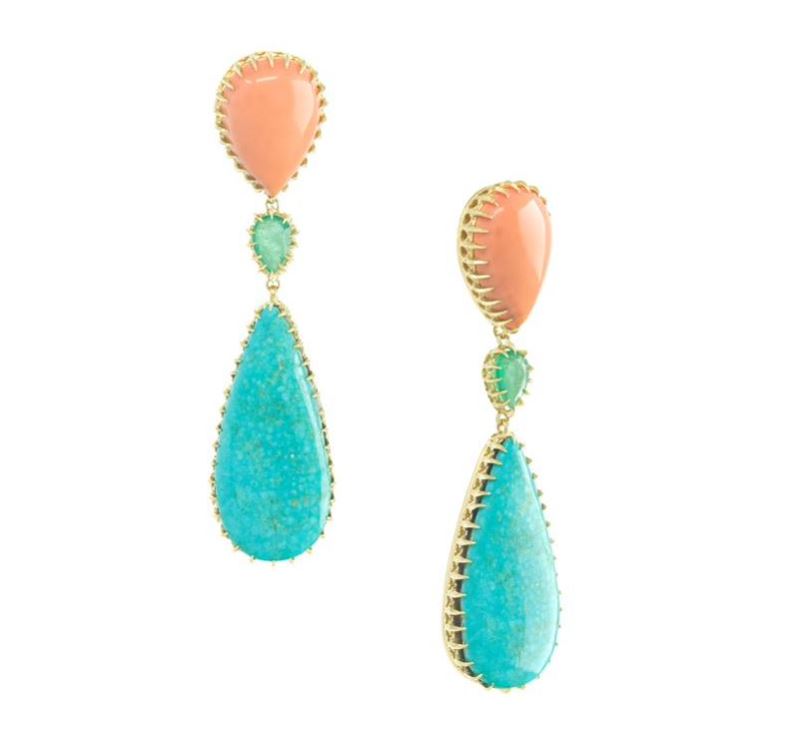 Coral Emerald and Turquoise Pear Drop Earrings