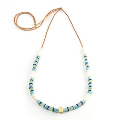 Beaded Necklace with Gold Bead on Leather