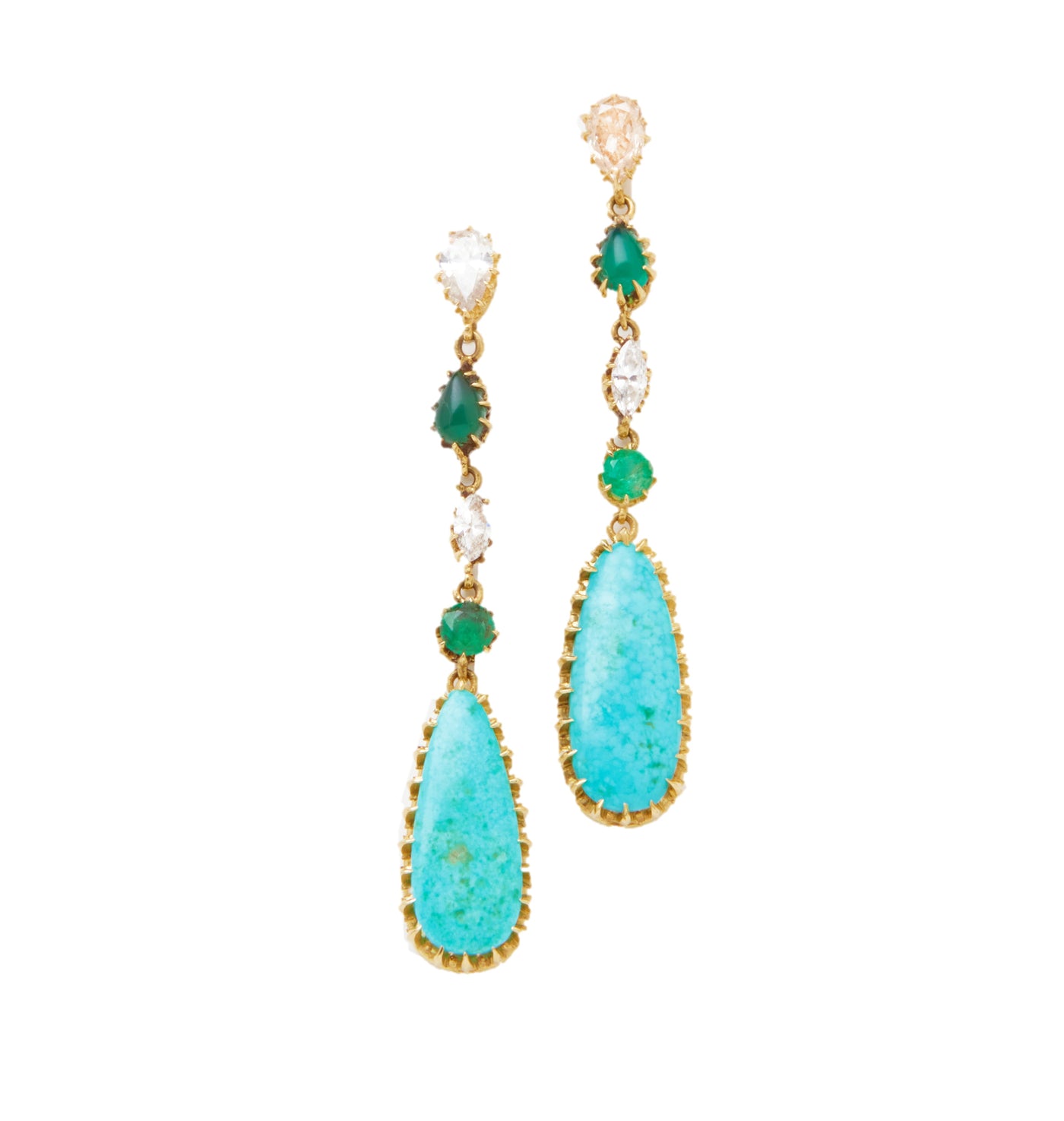 Turquoise, Emerald, and Diamond Drop Earrings